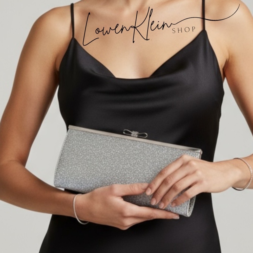 INC International Concepts Silver Glitter Evening Clutch Bag with Rhinestone Bow